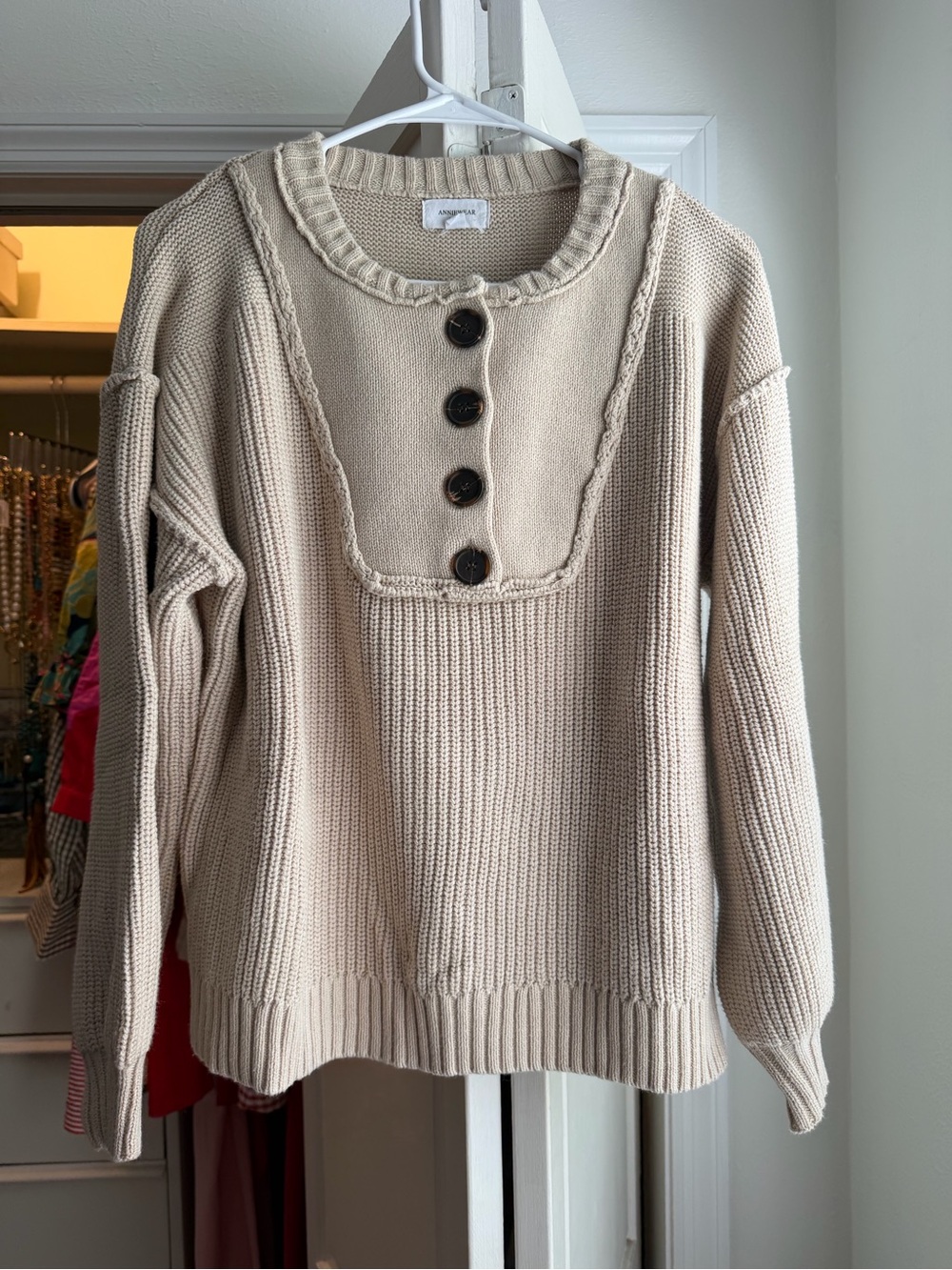 Crewneck Button-Placket Sweater in Cream